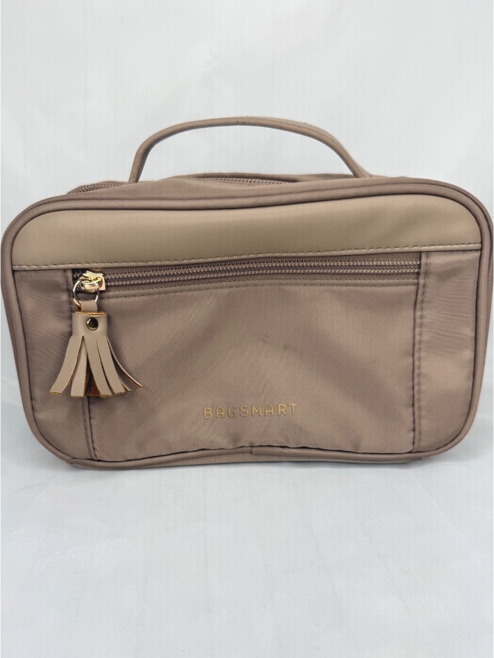 BAGSMART Beige Double Compartment Travel Makeup Cosmetic Bag Organizer